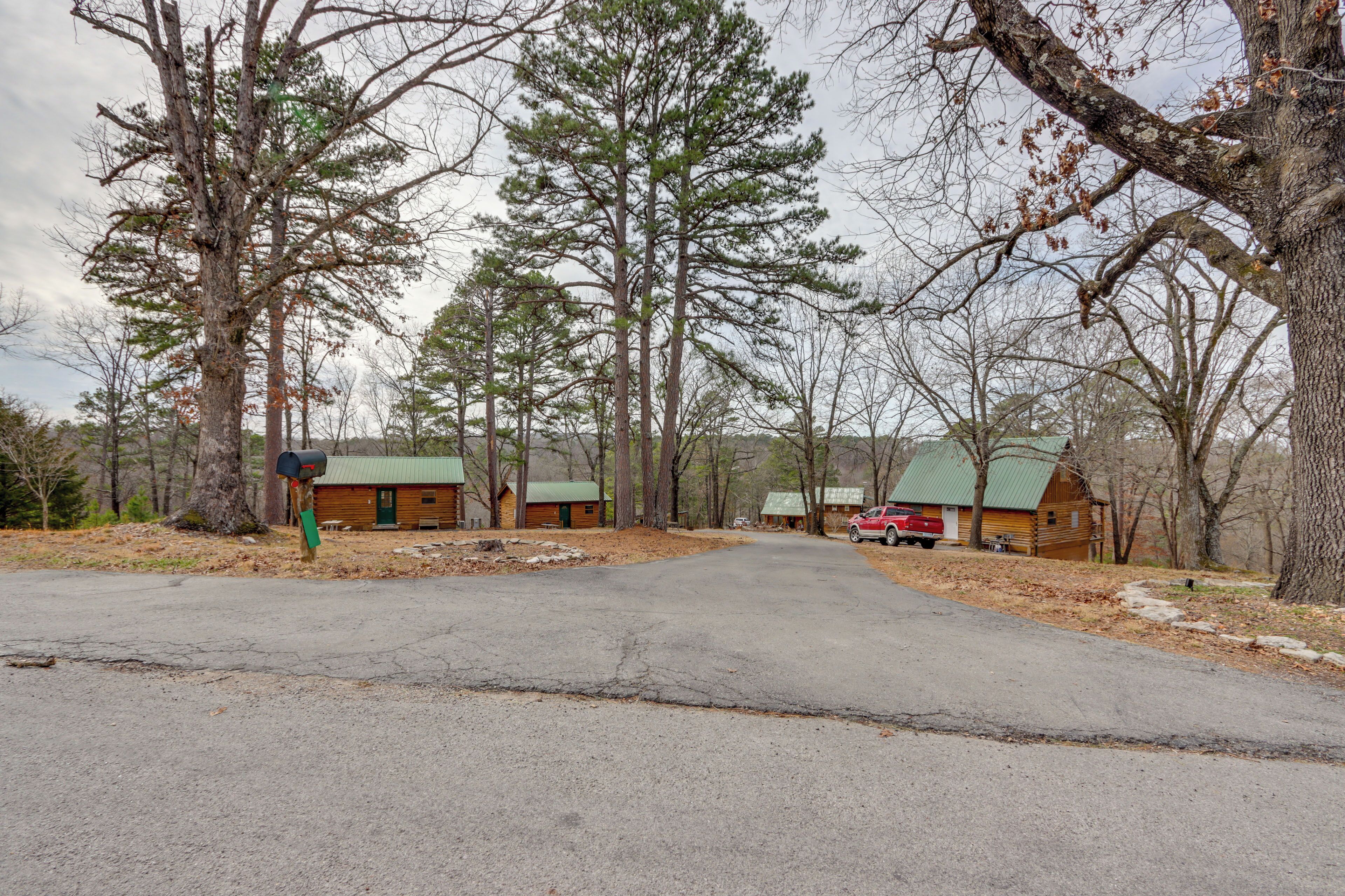 A rural road leading to a cabin with a green roof, surrounded by tall trees and a mailbox.
