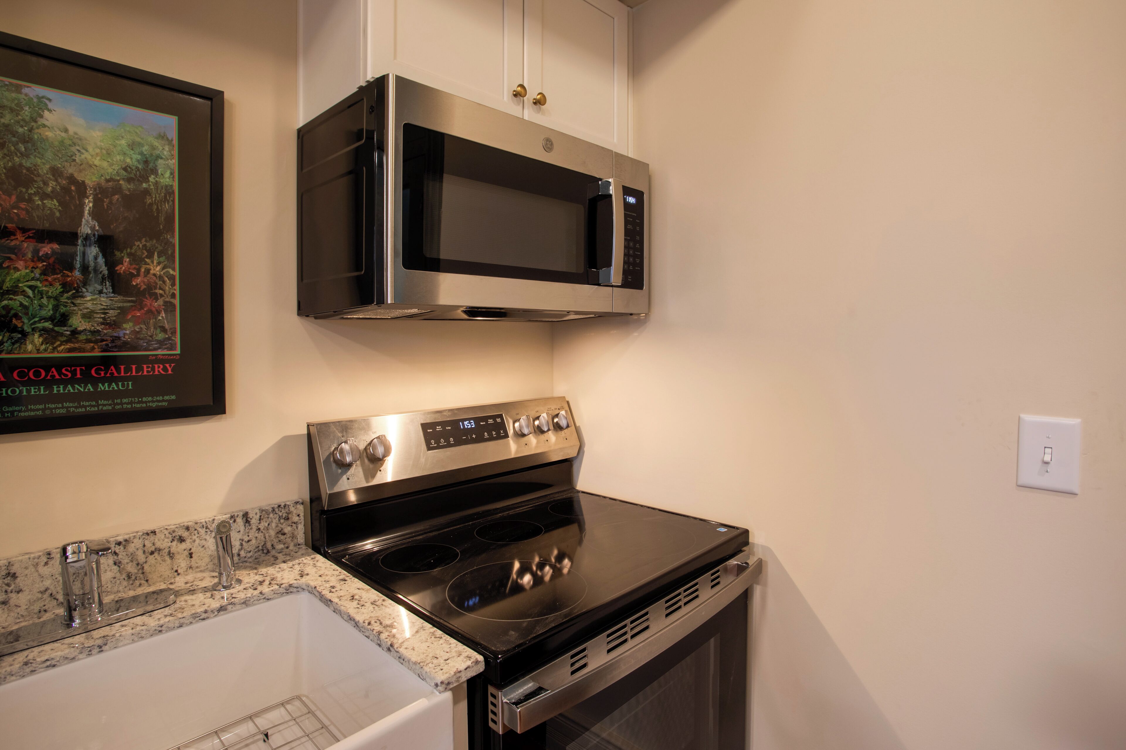 A kitchen with a stainless steel microwave and oven, granite countertop, and a framed picture of a coastal scene.