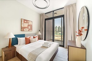 A modern hotel room with a large bed, a nightstand, a dresser, a mirror, and a view of the city through a sliding door. - Silkhaus 1BR Elegant Living In Maryah Vista (Abu Dhabi)