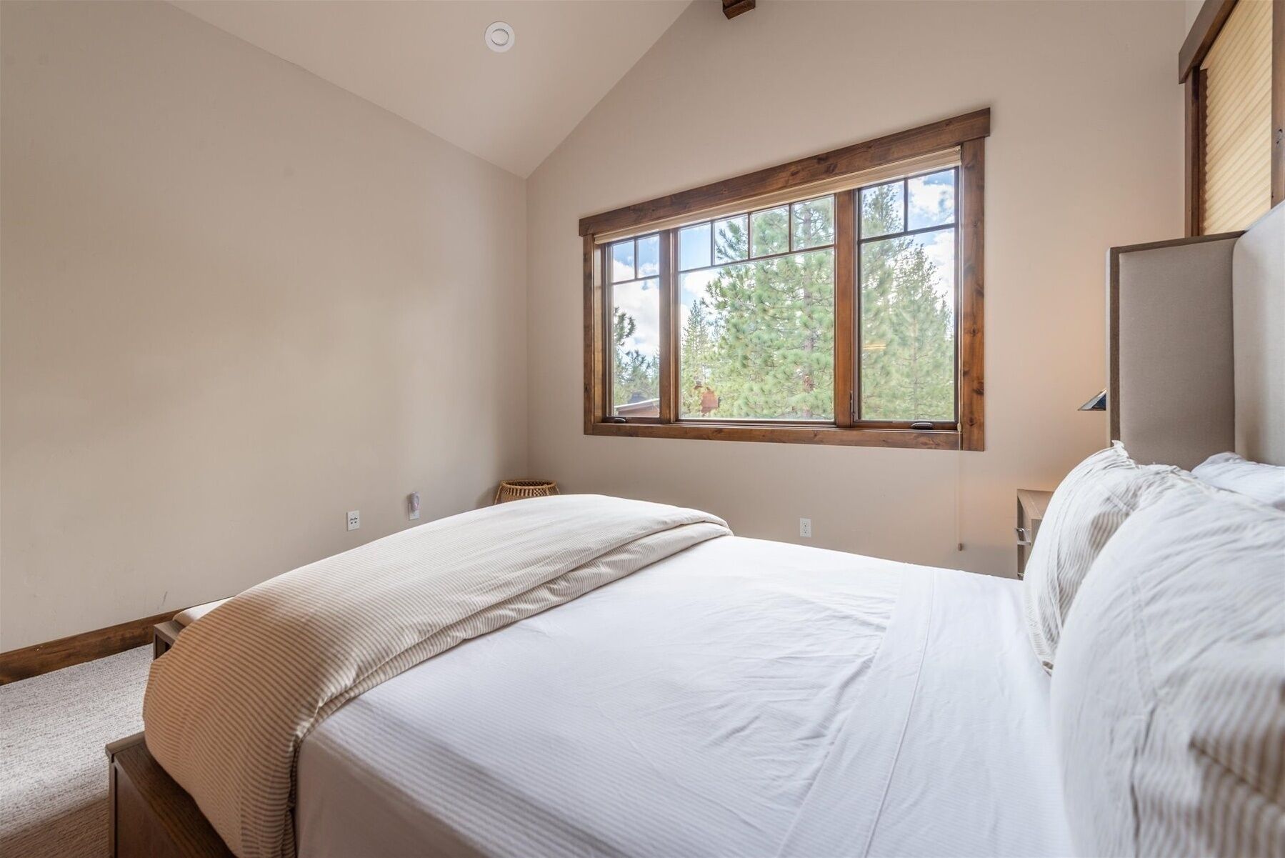 Quarto com cama grande, janela com vista para árvores e cabeceira de madeira.