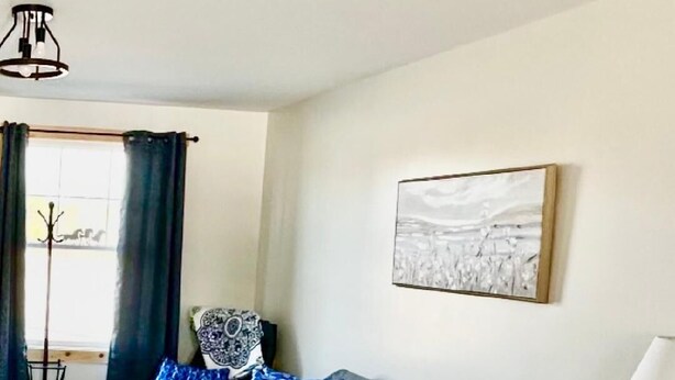 A living room with a sofa, a coffee table, a rug, and a painting on the wall.