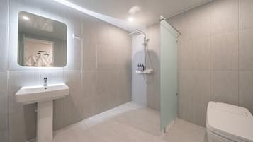 Hair dryer, towels, shampoo, toilet paper