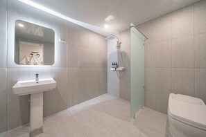 Hair dryer, towels, shampoo, toilet paper