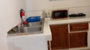 Une petite cuisine équipée d’un évier, d’un four à micro-ondes et de meubles de rangement en bois.