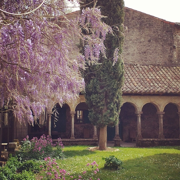 Ein Innenhof mit einem Gebäude, das Bögen und einen Baum mit violetten Blüten zeigt.