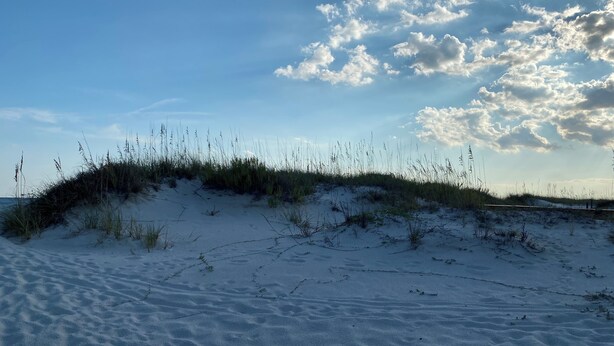 A sandy beach with dunes and sparse vegetation. - Doodle Dunes: New! Private Pool + Dog Friendly (Gulf Shores)