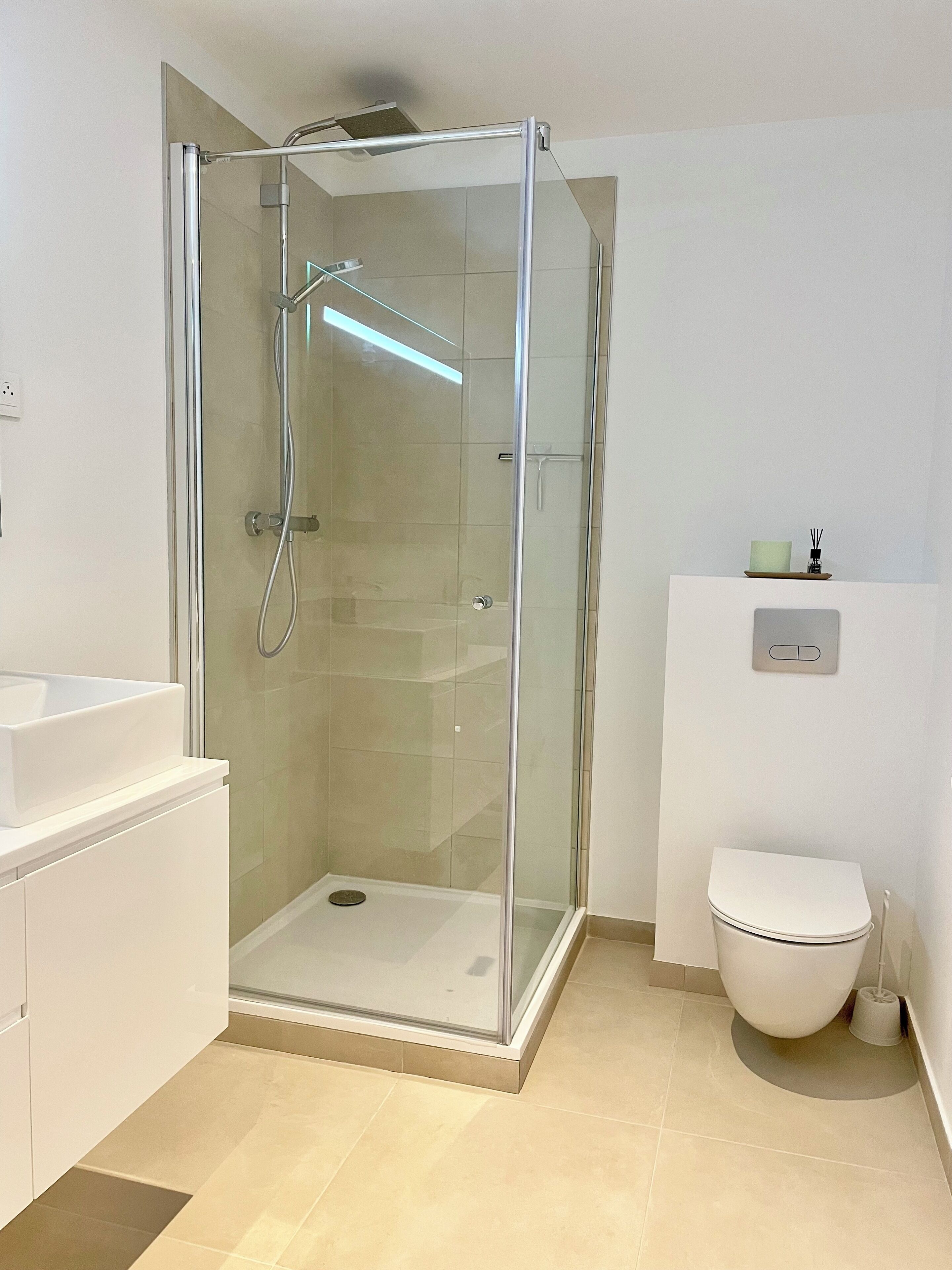 Shower, hair dryer, soap, toilet paper
