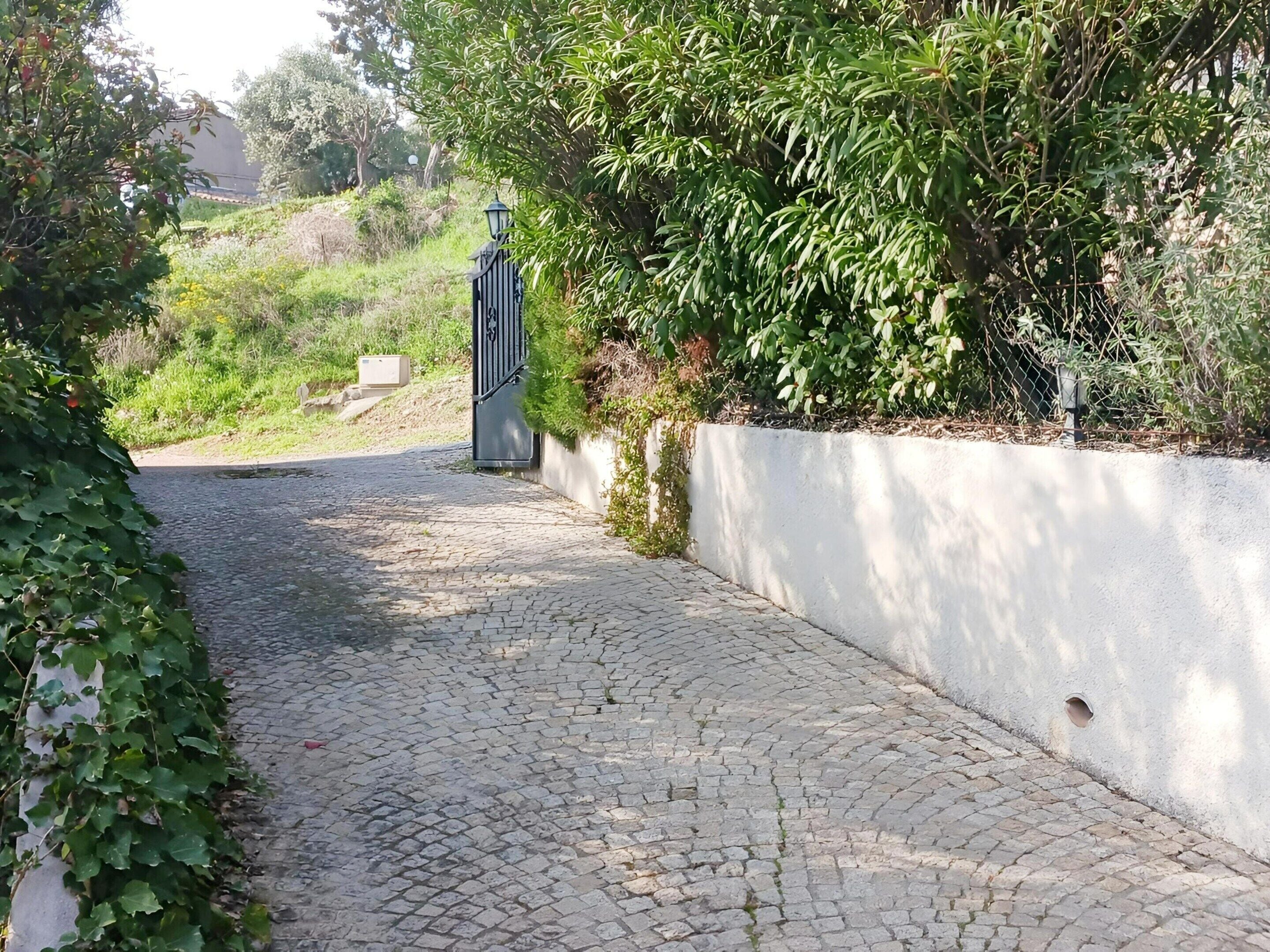 A cobblestone pathway leading to a gated entrance, surrounded by greenery and a white wall.