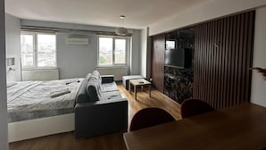 Une chambre moderne comprenant un lit, un canapé, une table à manger et un téléviseur.
