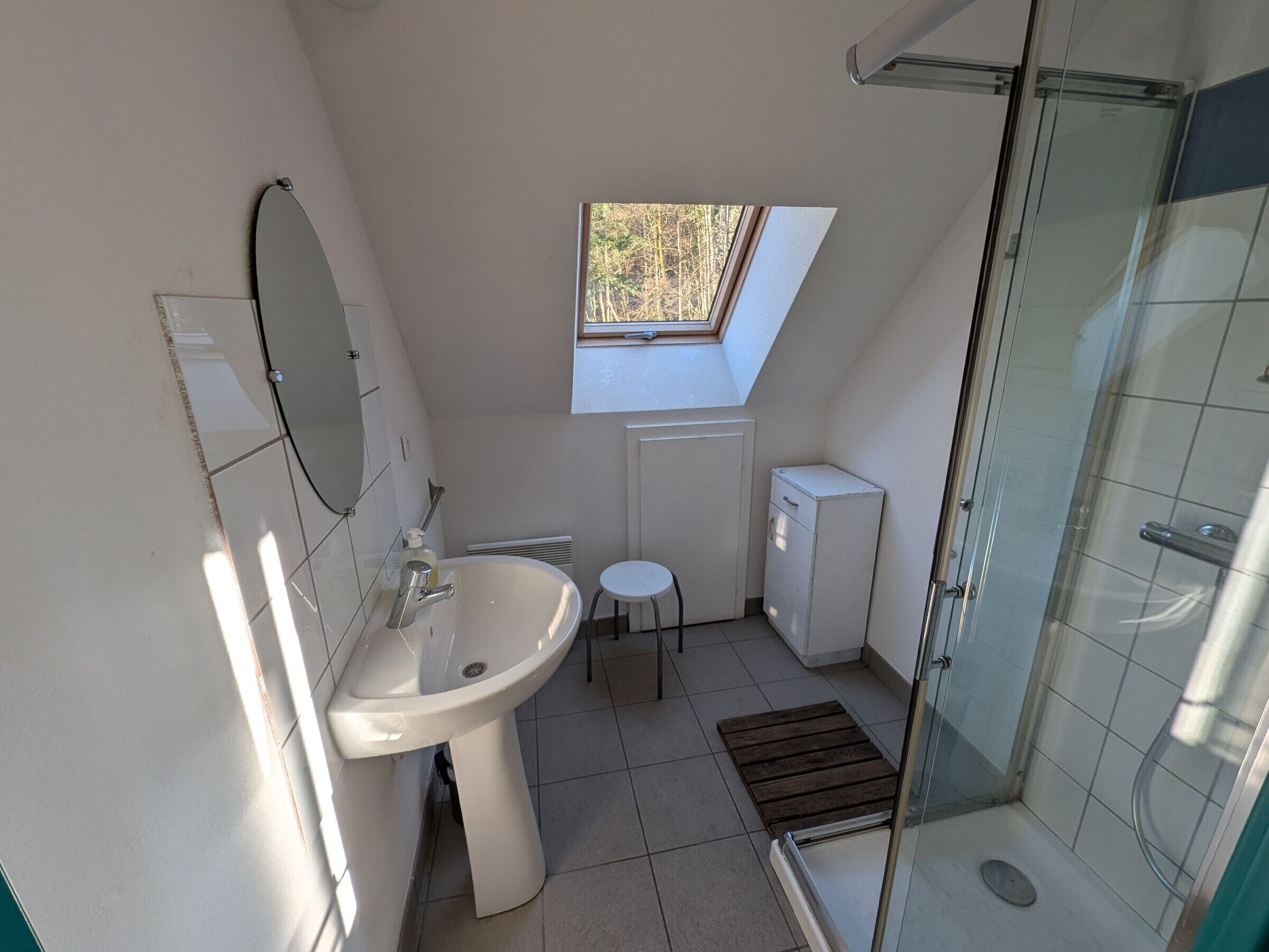 A compact bathroom with a skylight, a sink, a toilet, and a shower.