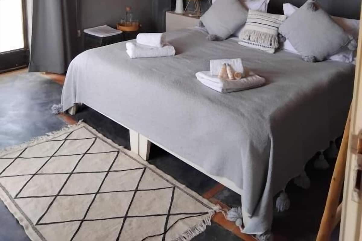 A modern bedroom with a large bed, grey bedding, and a nightstand with a lamp.