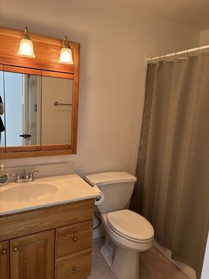 Dusch, hårtork, handdukar och tvål