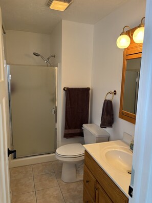 A bathroom with a shower, toilet, sink, and mirror.