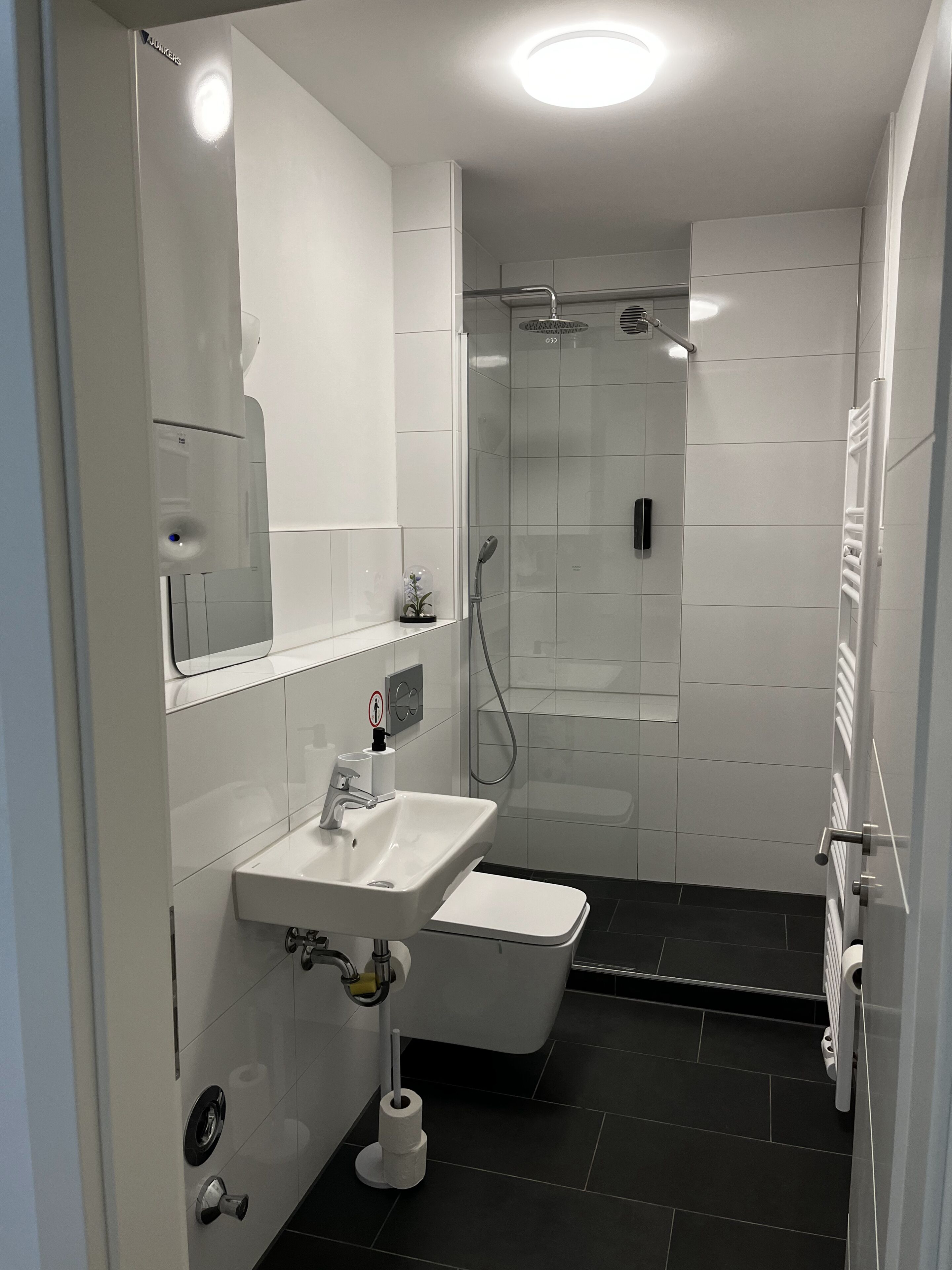 Ein modernes Badezimmer mit Waschbecken, Spiegel und Dusche in Weiß.