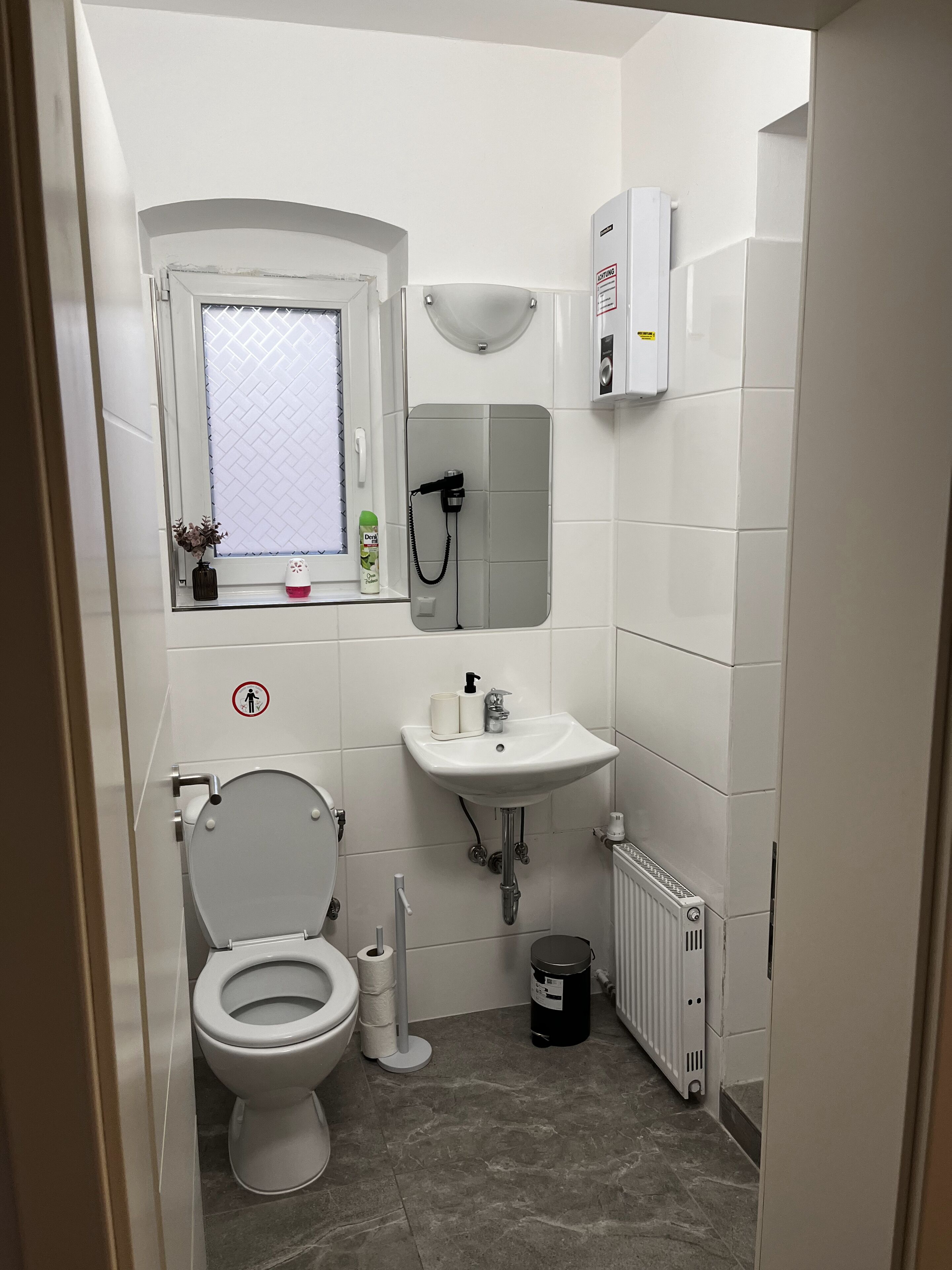 A small, modern bathroom with a toilet, sink, and shower.