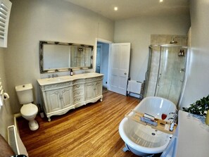 A bathroom with a white vanity, a large mirror, a toilet, and a walk-in shower. - Montpellier Cheltenham - Character Georgian Town House (Gloucestershire)