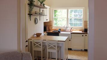Coffee/tea maker, fridge, microwave, oven