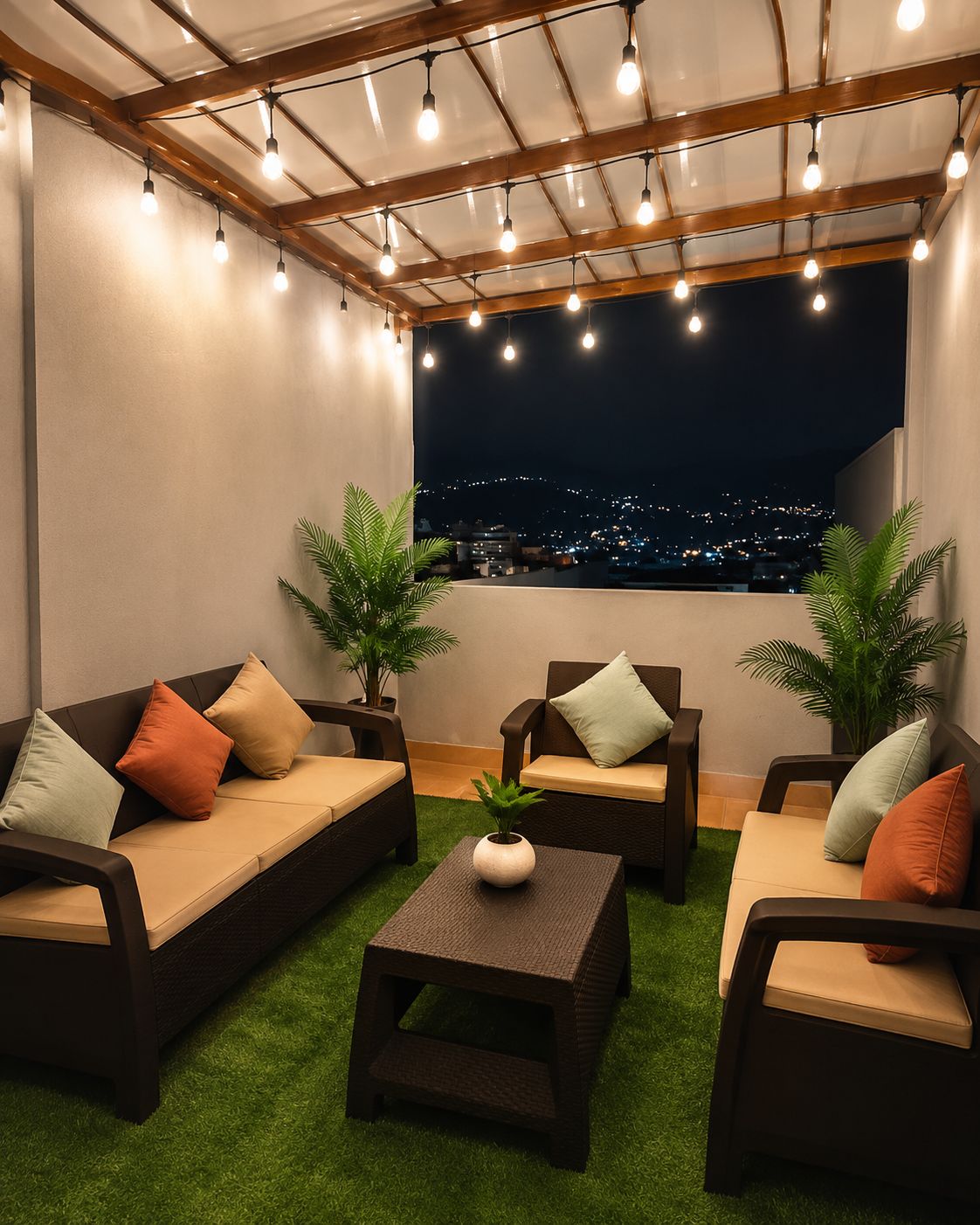 Et udendørs opholdsområde med sofaer og et sofabord, omgivet af krukker med planter, under et pergola med lyskæder.