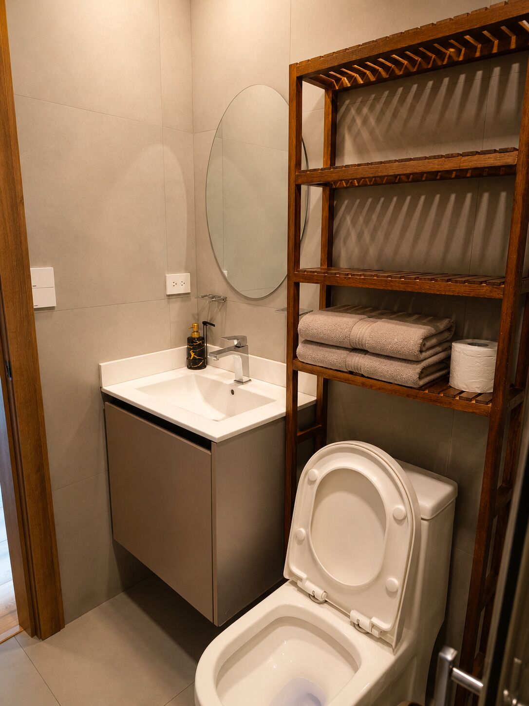 Shower, towels, soap, toilet paper
