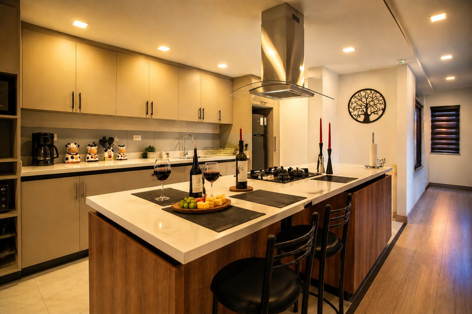 Fridge, microwave, coffee/tea maker, toaster