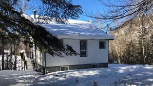 Een twee verdiepingen tellend huis met een sneeuwbedekte dak en een klein portaaltje.