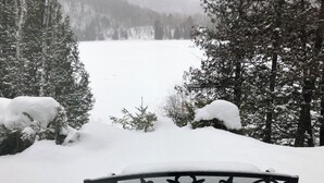 Een bank in een besneeuwd landschap met bomen en een meer op de achtergrond.