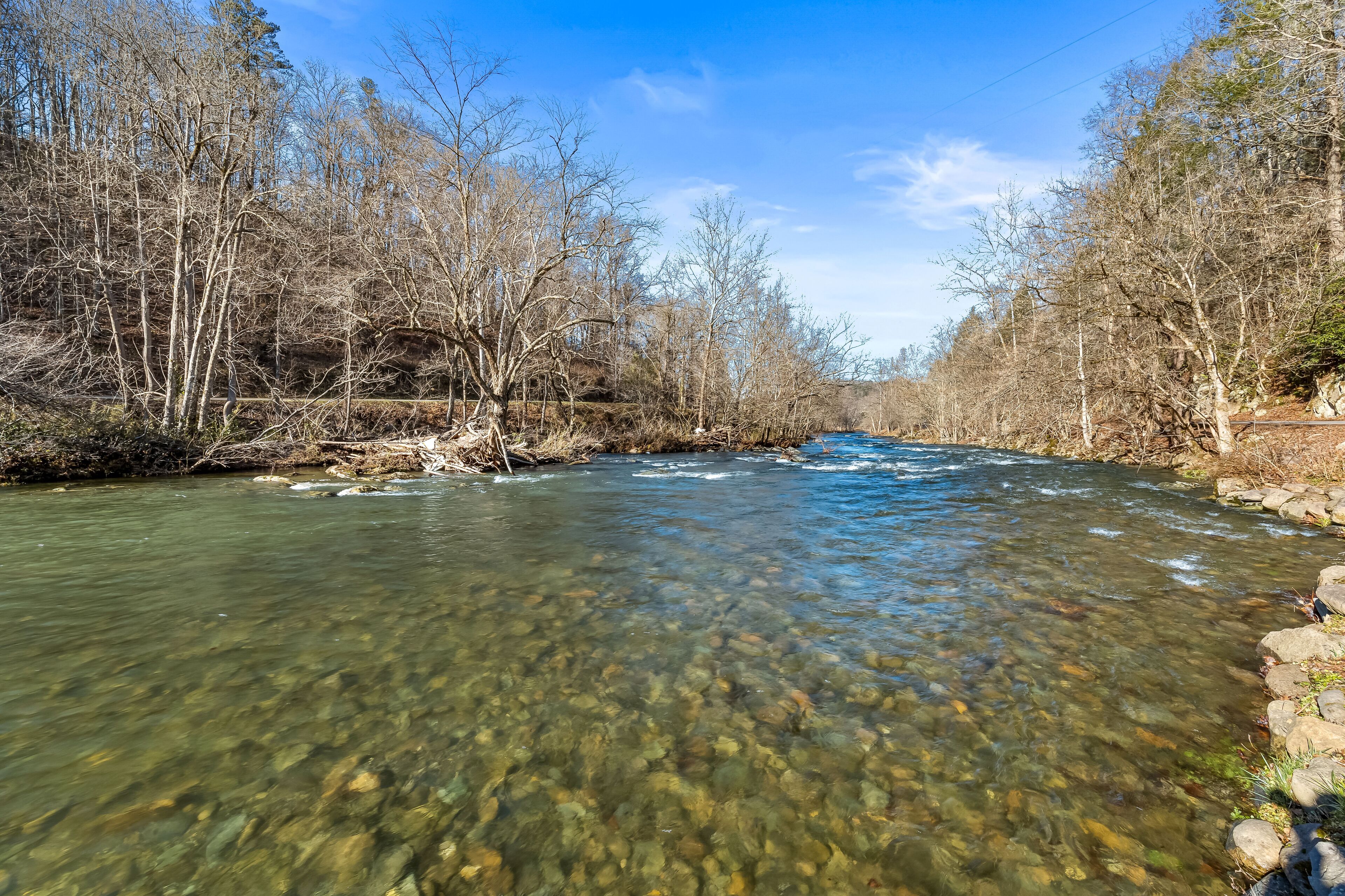 A clear river with visible rocks and trees on both sides.