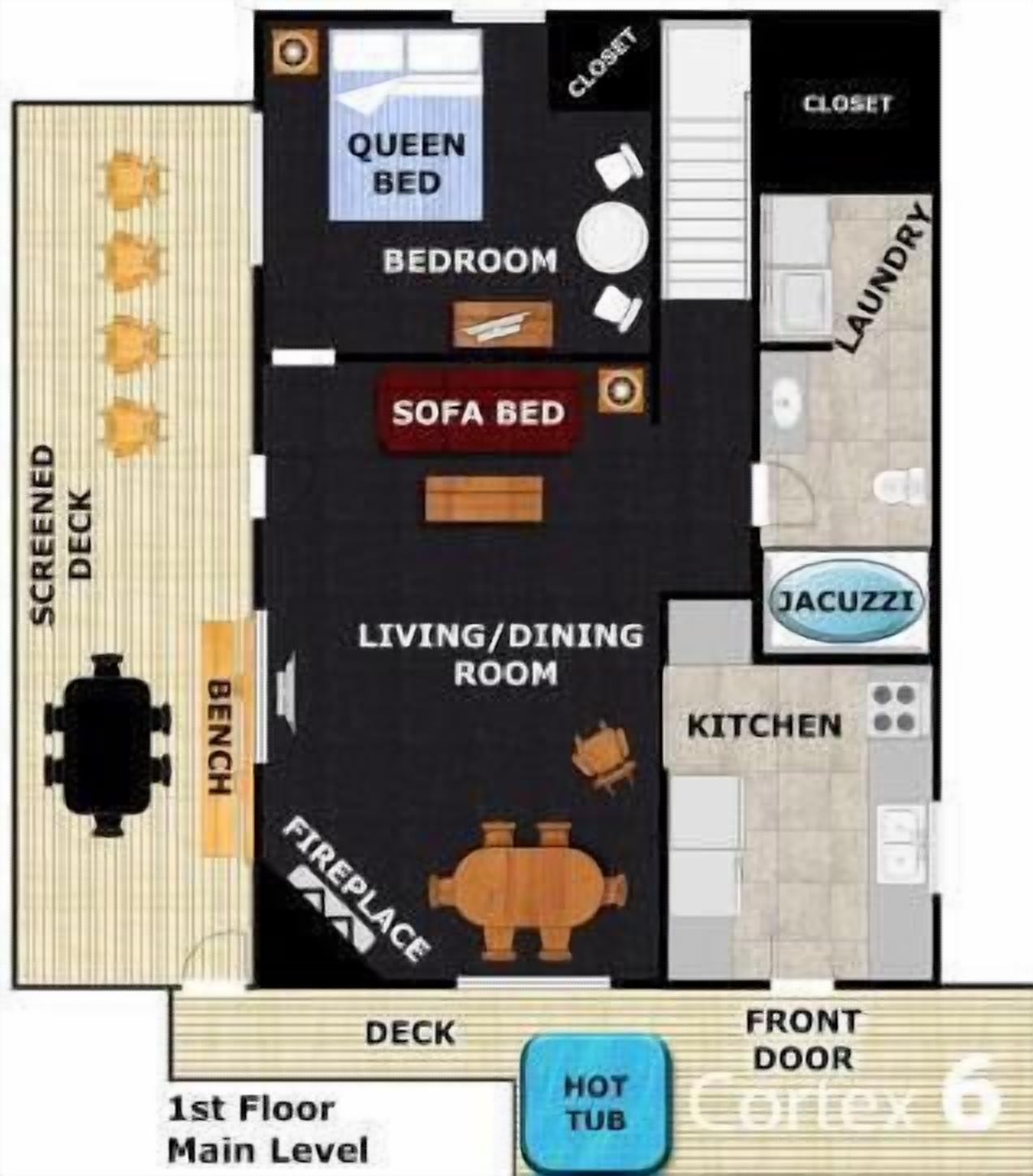 Indeling van de eerste verdieping met woon/eetkamer, keuken, queensize bed, slaapbank en een overdekt terras.
