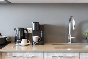 Kitchen appliances and cookware provided for guests to use!