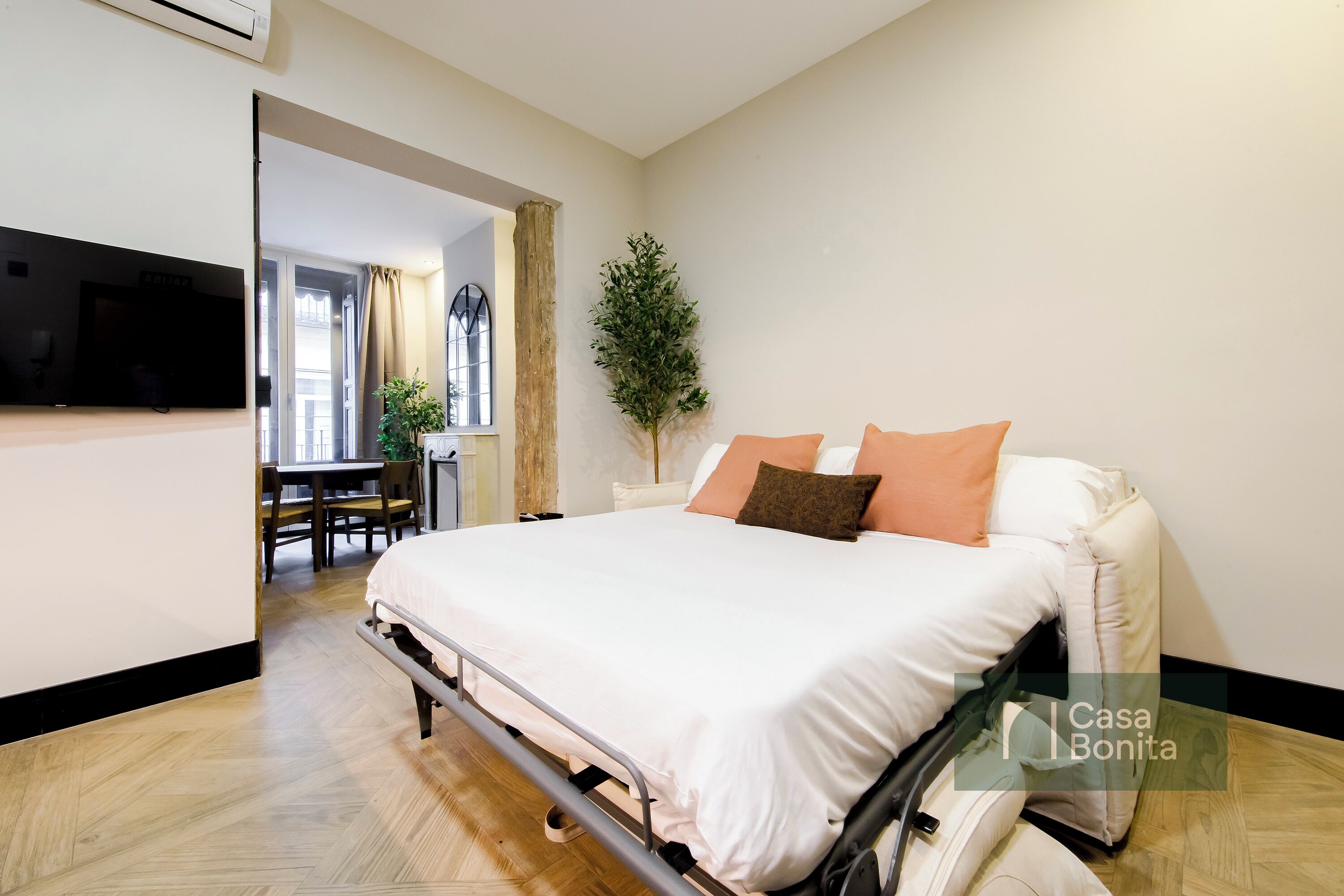 Une chambre à coucher avec un lit, une télévision, une plante en pot et une vue sur l’extérieur.