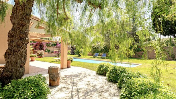 Ein gepflegter Garten mit Schwimmbad, einer Pergola und verschiedenen Pflanzen.
