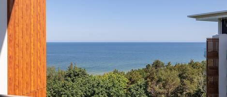 A balcony with a view of the sea and dense greenery.