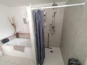 Shower, hair dryer, soap, toilet paper