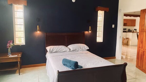 A bedroom with a dark wood bed, white linens, a bedside table with a vase, and two wall-mounted lights. - Still Point Guesthouse - Premium Two Bedroom (Crown Point)