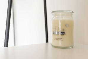 Hair dryer, towels, soap, toilet paper