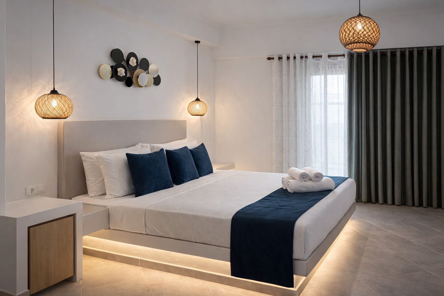 Une chambre moderne avec un grand lit, deux tables de chevet, un luminaire fixé au mur et une fenêtre avec des rideaux.