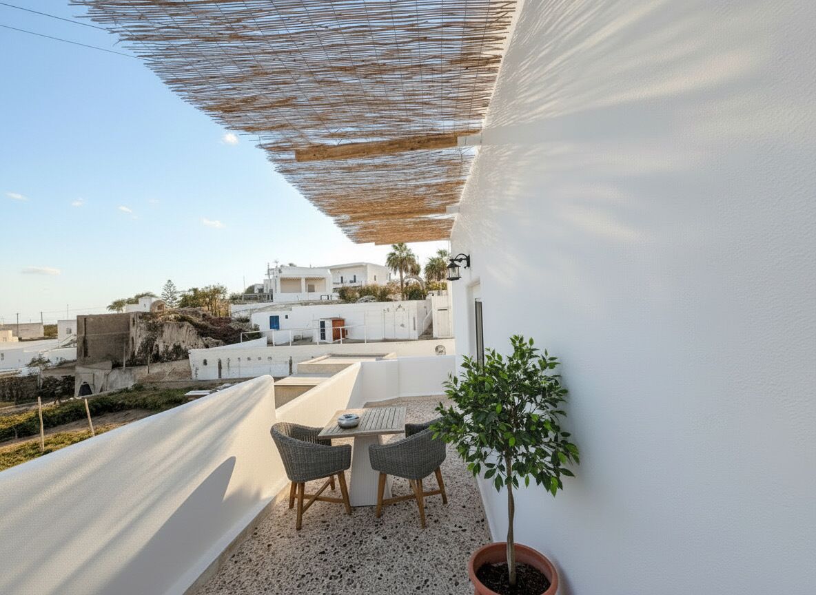 A balcony with a table and chairs, a potted plant, and a view of white buildings.
