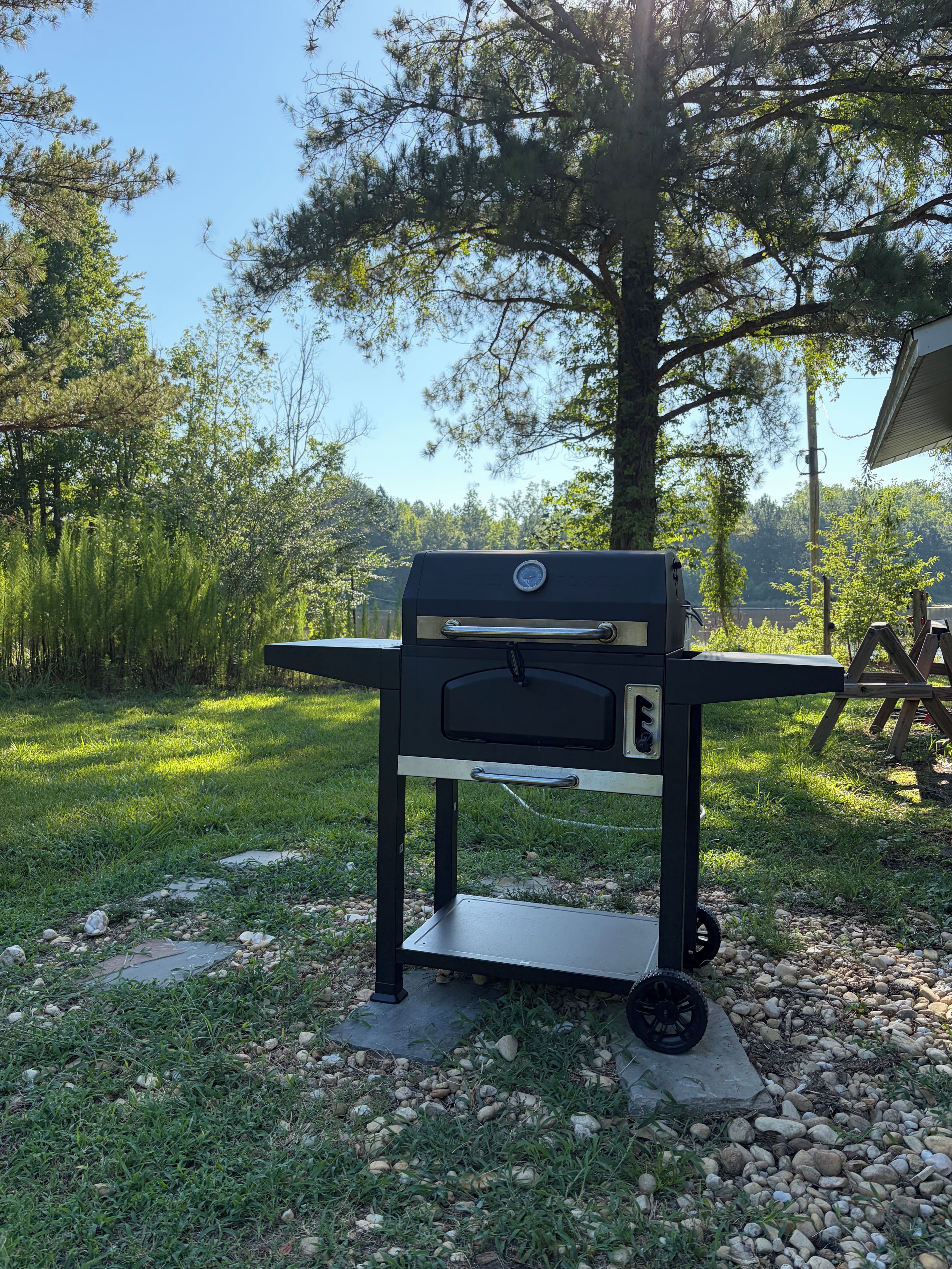 A portable grill with a digital thermometer, set on a concrete base surrounded by grass and rocks.