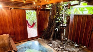 A wooden interior with a hammock, a tree trunk, and a small waterfall feature.