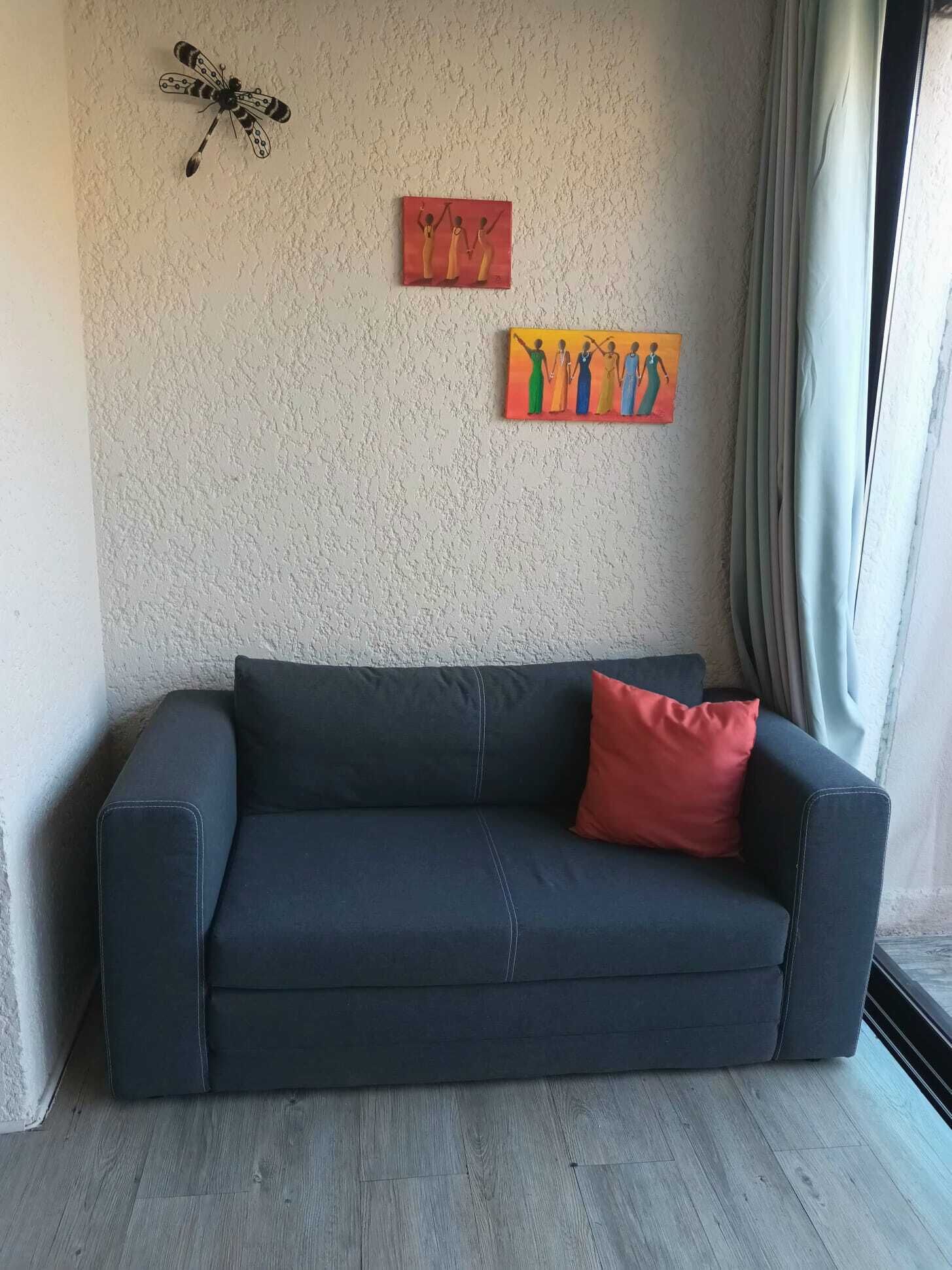 A dark-colored sofa with a red pillow, a textured wall, and two paintings.