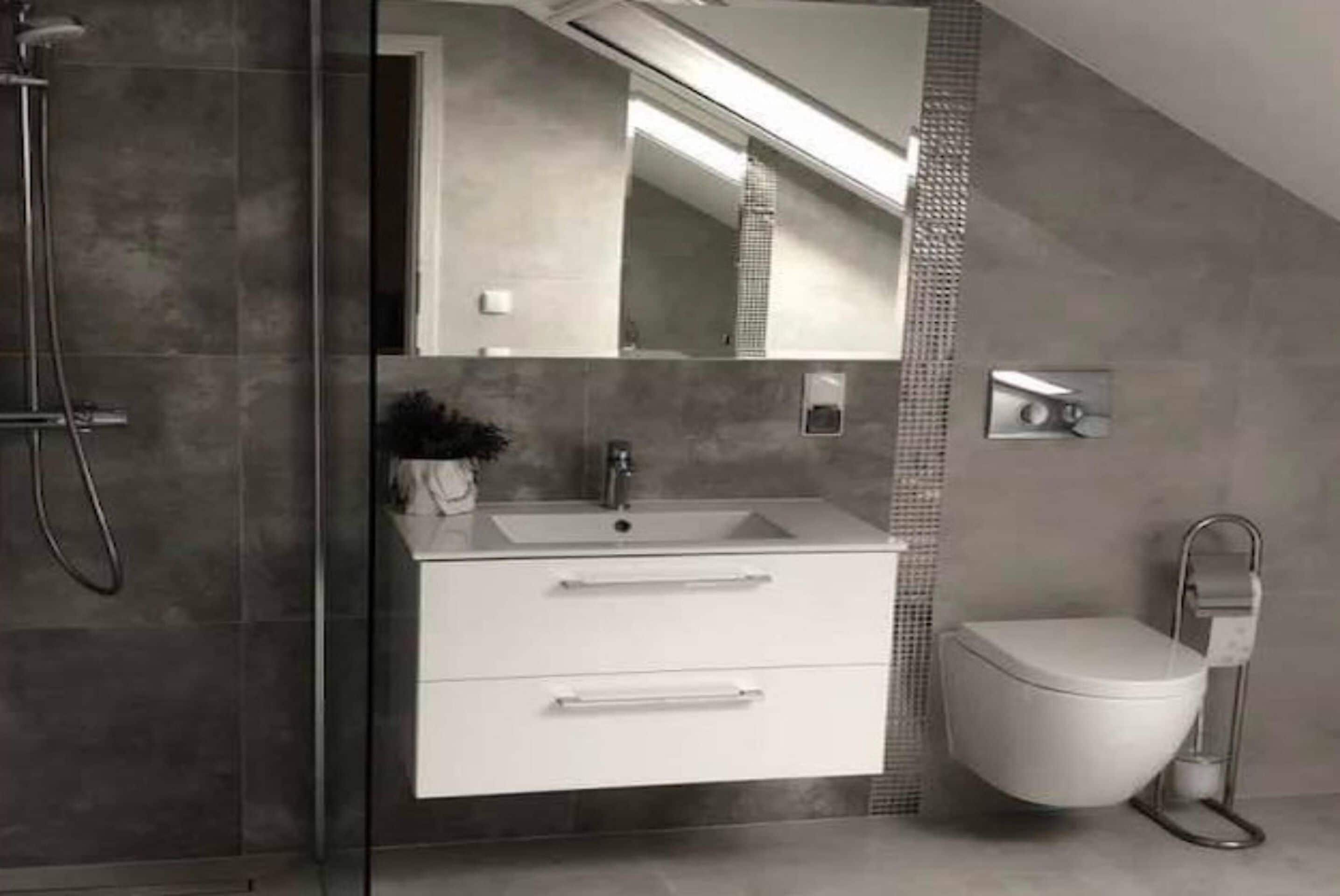 A modern bathroom with a glass shower enclosure, a white sink with a mirror above it, and a toilet with a metal grab handle.