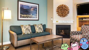 Televisión, chimenea, estéreo