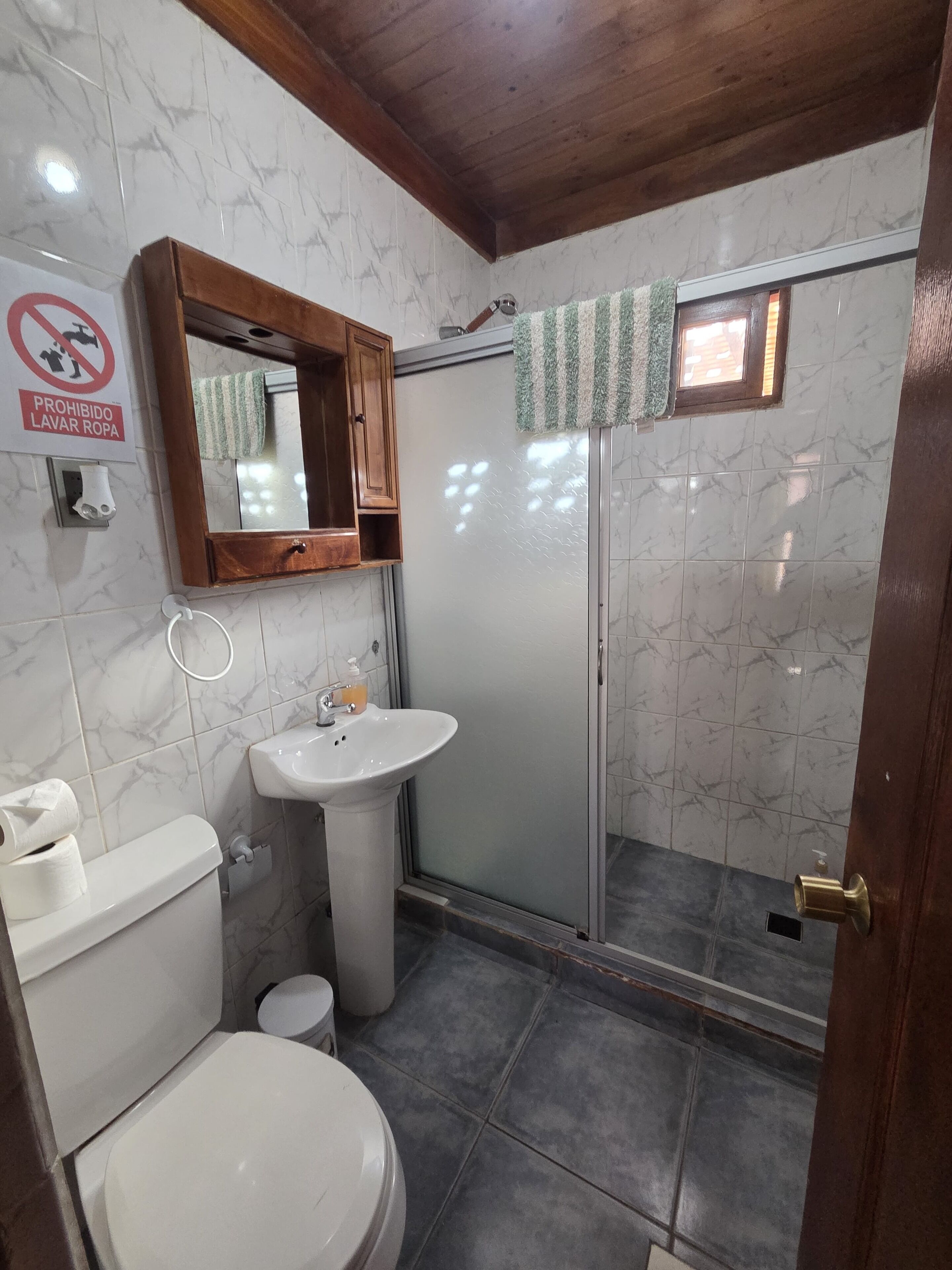 Une salle de bain équipée de toilettes, d’un lavabo, d’un miroir, d’une douche et d’un panneau indiquant qu’il est interdit d’y laver du linge.