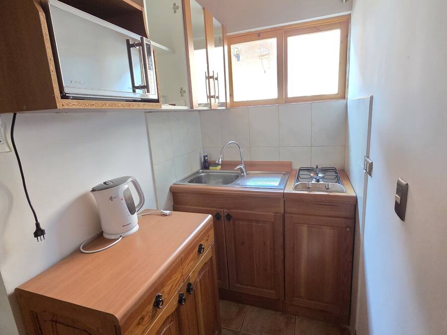 Een kleine keuken met houten kastjes, een ingebouwde magnetron, een gasfornuis en een spoelbak.