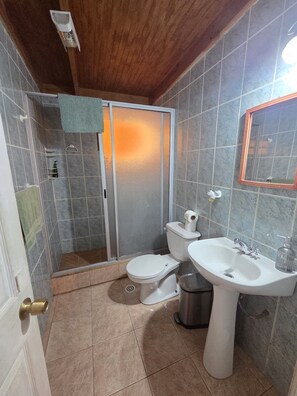 Habitación cuádruple, vista al patio | Baño | Regadera, toallas, jabón, shampoo 