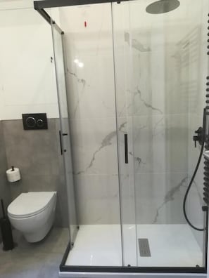 Cabina de ducha con paredes de vidrio, un inodoro blanco y dispensador de toallas en un baño con paredes de mármol.