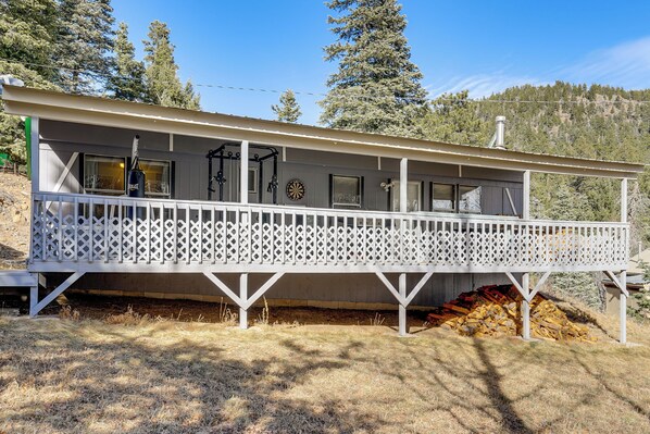 A house with a covered porch, a chimney, and a stack of firewood.