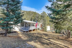 A cabin with a porch, surrounded by pine trees and a mountain backdrop.