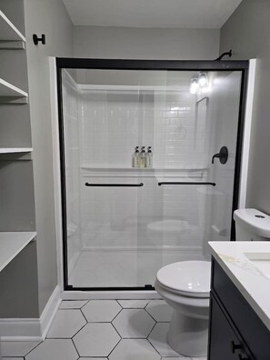 Shower, hair dryer, towels