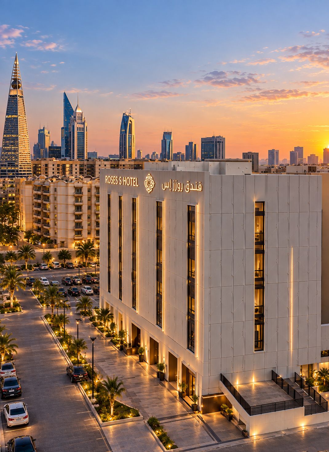 A modern hotel with a prominent sign, surrounded by a parking area and palm trees.